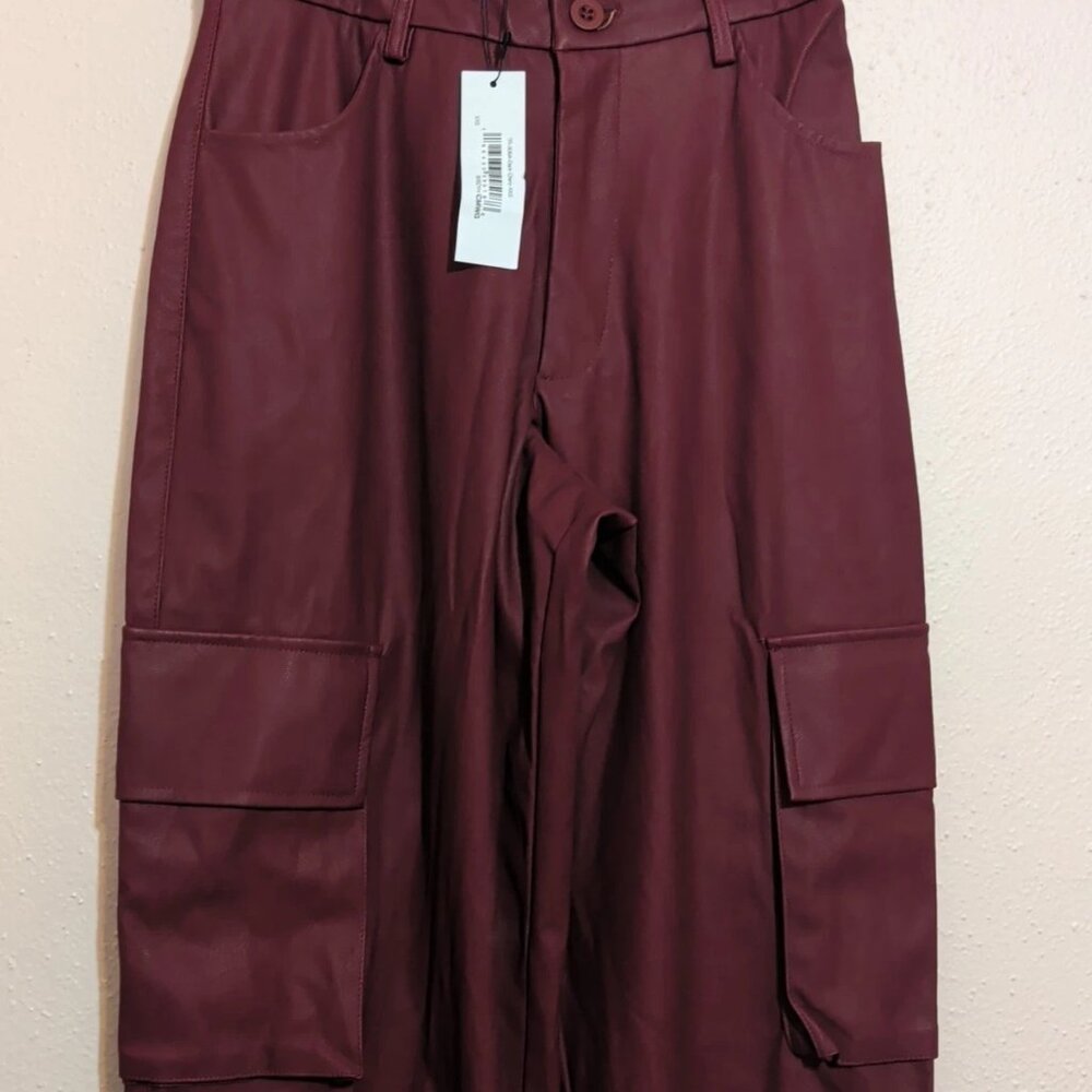 Y2K Grunge Women's NWT Vegan Leather Cargo Pants High Rise Dark Cherry Size XXS - Picture 5 of 14